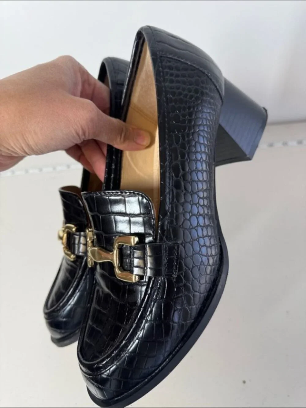 Adrienne Vittadini Croc Embossed Loafers Black 7.5 Gold Bit Classic Chic Preppy